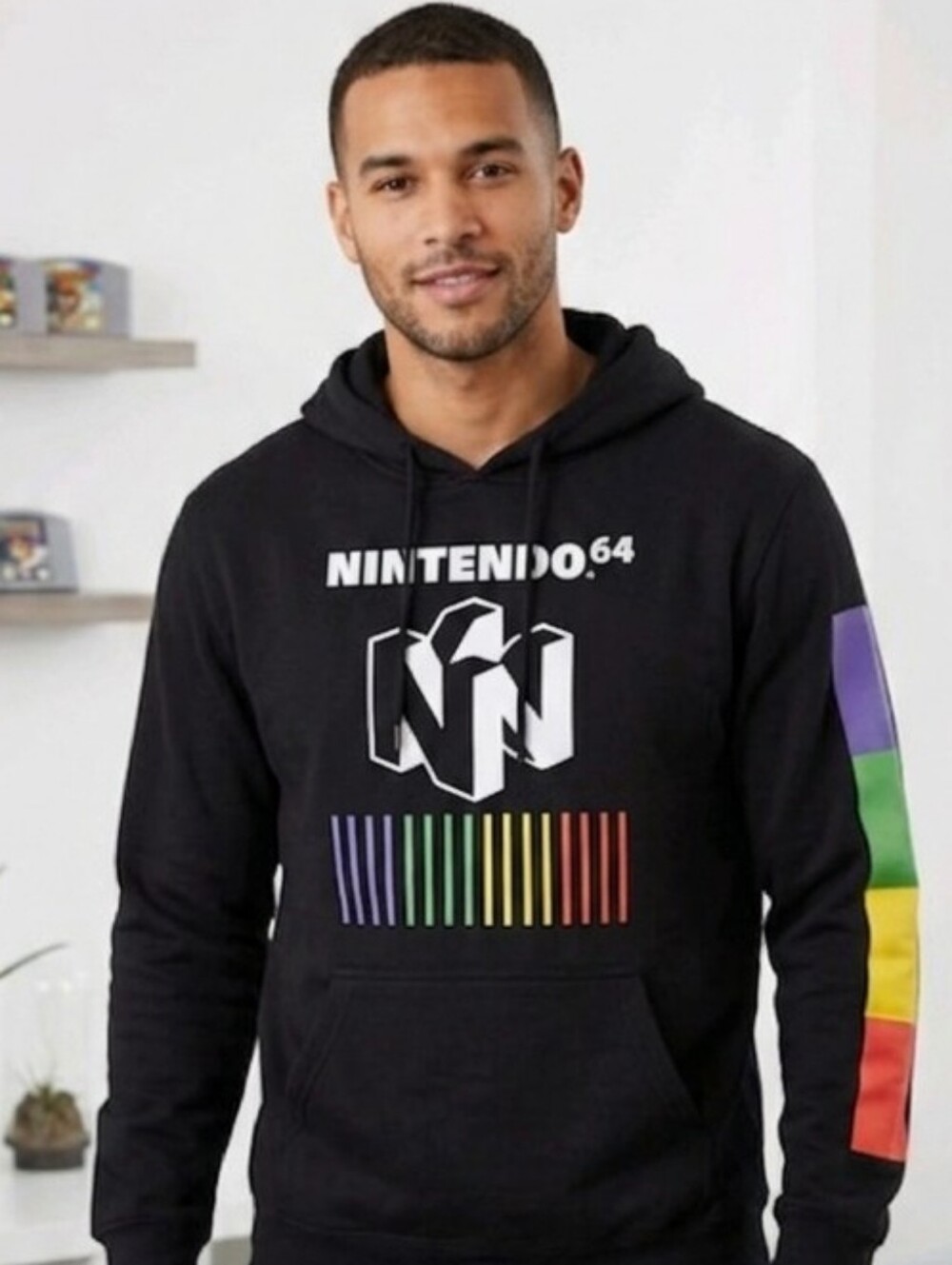 Nintendo 64 Black  Men Sweater with Colorful Stripe Design Size M